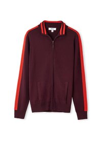 Veste zippée bordeaux avec des bandes rouges au col et aux manches, dotée de poches avant et de poignets et d'ourlet côtelés.