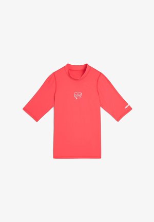 Coralli lyhythihainen rash guard, joka on valmistettu joustavasta ja nopeasti kuivuvasta kankaasta. Siinä on pieni valkoinen logo keskellä ja korkea kaulus.