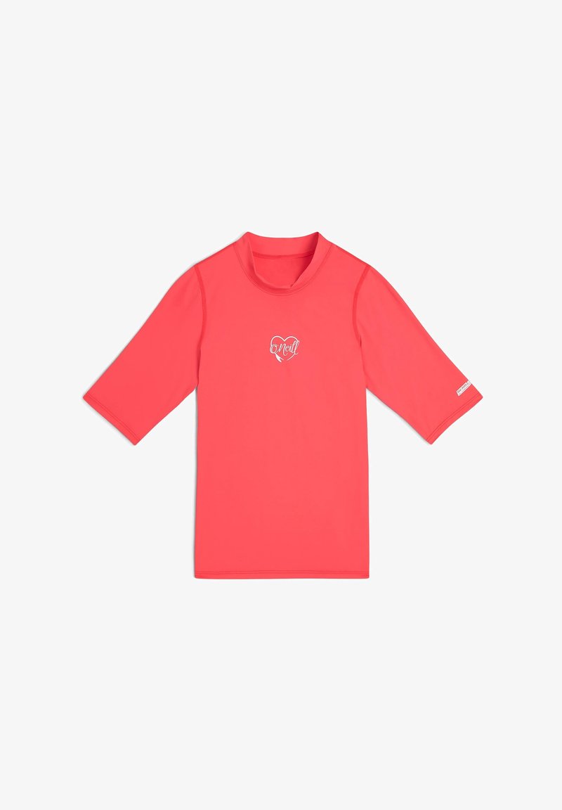 Maglietta a maniche corte color corallo realizzata in tessuto elasticizzato e ad asciugatura rapida. Presenta un piccolo logo bianco al centro e un design con collo alla moda.