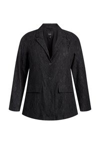 Blazer de encaje negro con mangas largas, dos botones frontales, cuello con muesca y bolsillos de solapa.