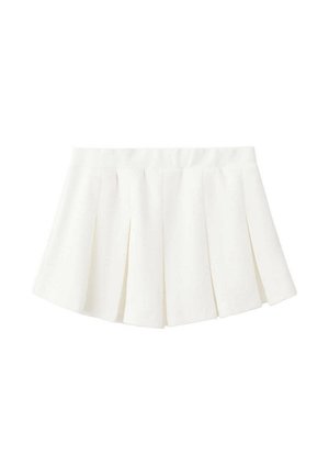 Mini-jupe plissée blanche avec une large ceinture et des plis verticaux répartis uniformément.