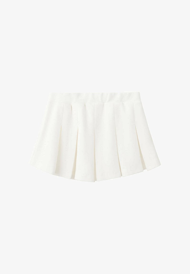Mini-jupe plissée blanche avec une large ceinture et des plis verticaux répartis uniformément.