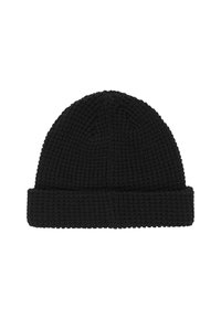 Gorro de punto negro con un patrón texturizado y un dobladillo enrollado. Presenta un ajuste ceñido y está hecho de un material suave y elástico.