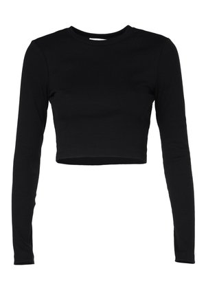 Črn dolgi rokav prirezani top iz rebraste tkanine. Ima okroglo ovratnico in oprijet kroj. Brez vidnih logotipov ali okrasitev.