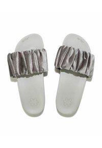 Gray plush slide sandals with a wide, ruched velvet strap and a smooth, flat sole. The soles feature a flower-shaped emblem.