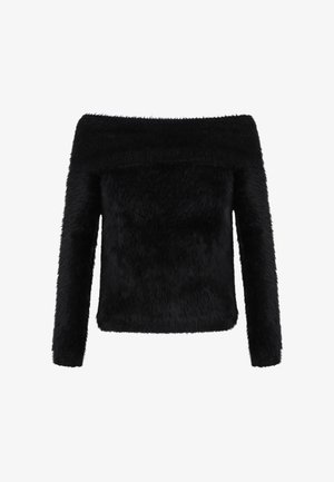 Must mustriga, pikad varrukad, pehme ja kohevi materjaliga must käteta sviiter; omab keha lähedast siluetti ja sujuvat tekstuuri.