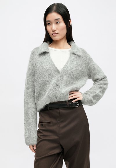 Lichtgrijze, zachte cardigan met een schootkraag, knopen aan de voorkant en een losse pasvorm. Draagt over een wit topje, gecombineerd met een bruine broek en een zwarte riem.