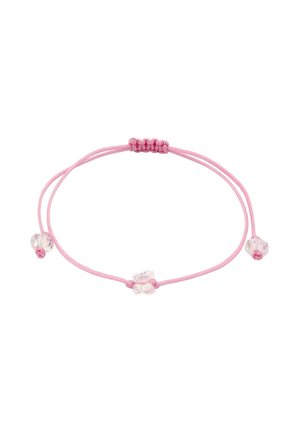 Justerbar pinkmacañebracelet med klare krystal-lignende perler formet som et hjerte og en blomst i hver ende.
