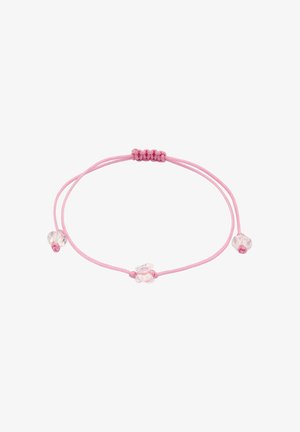 Verstelbare roze macramé armband met heldere kristalachtige kralen in de vorm van een hart en een bloem aan beide uiteinden.