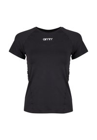 T-shirt de sport noir en tissu évacuant l'humidité, avec un col rond, des manches courtes et un logo à l'avant.