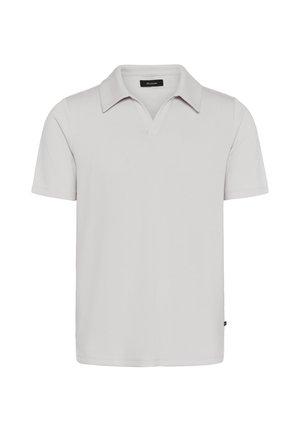 Polo tričko s krátkým rukávem v světlé šedé barvě, s výstřihem ve tvaru V, hladkým materiálem, rovným lemem a malým logem na boku.