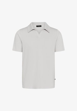 Short-sleeve polo shirt in light gray, featuring a v-neck collar, smooth fabric, straight hem, and a small logo accent on the side.
