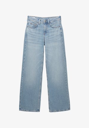 Ljusblå denim byxor med vida ben och hög midja, fem fickor och subtila blekningar, med en metallknapp och bälteshällor.