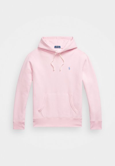 Hoodie de algodão rosa com capuz ajustável, bolso canguru na frente e um pequeno logo azul no peito. Textura suave.