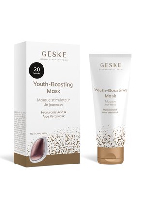 Geske Youth-Boosting Maskenbox und Tube mit Hyaluronsäure und Aloe Vera, entwickelt für Hautbefeuchtung und Verjüngung, 20 Masken inklusive.