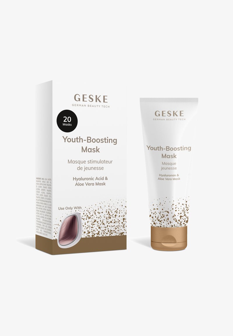 Boîte et tube de masque Geske Youth-Boosting avec acide hyaluronique et aloe vera, conçus pour l'hydratation et le rajeunissement de la peau, incluant 20 masques.