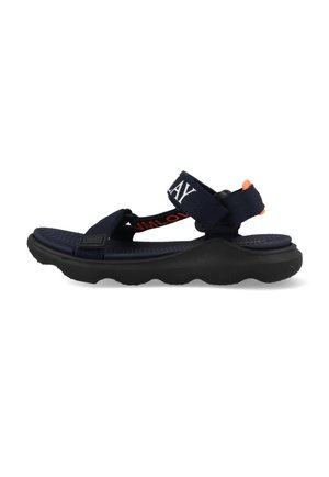 Navy blue sandal with adjustable straps, textured footbed, and a cushioned black sole. Features orange accents and bold white branding.