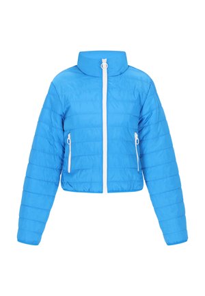 Sinine lühike puffjakker kõrge kraega, valge tõmblukk ja kaks lukuga külgetaskut. Omab tikandit ja pikki varrukaid.