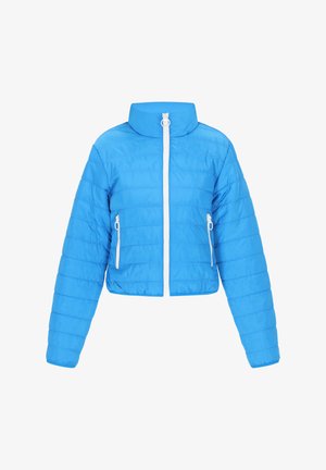 Sinine lühike puffjakker kõrge kraega, valge tõmblukk ja kaks lukuga külgetaskut. Omab tikandit ja pikki varrukaid.