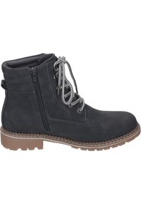 Bottine en cuir noir avec un bout arrondi, surface texturée, lacets gris, fermeture éclair latérale et une semelle en caoutchouc brun avec un motif cranté.