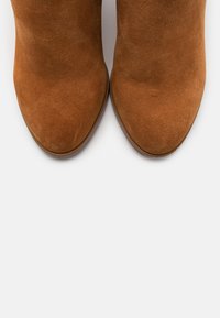 Botas de tobillo de ante marrón con punta afilada y textura suave, con un tacón delgado y sin herrajes o acentos visibles.