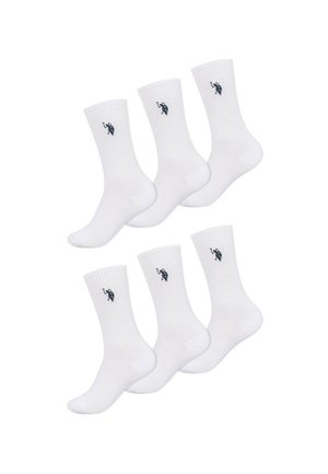 Weiße Baumwollsocken im Crew-Stil mit geripptem Design und dunklen Logoakzenten. Set aus sechs Paaren mit glattem Textur.