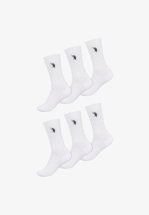Weiße Baumwollsocken im Crew-Stil mit geripptem Design und dunklen Logoakzenten. Set aus sechs Paaren mit glattem Textur.