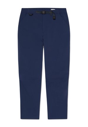 Navyblaue gerade geschnittene Hose mit integriertem, schwarzem verstellbarem Gürtel und Seitentaschen, aus glattem Stoff gefertigt.