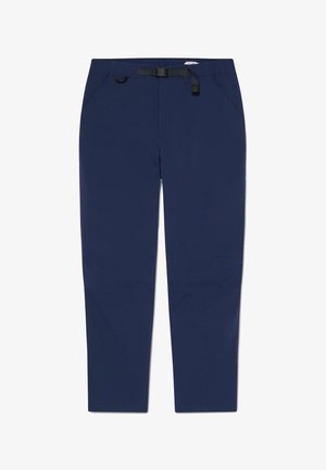 Pantalones azul marino de pierna recta con cinturón negro ajustable integrado y bolsillos laterales, hechos de tela suave.