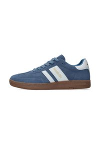 Blaue Wildleder-Sneaker mit weißen Streifen, strukturiertem Gummisohle, gepolstertem Schaft und Logodetails an der Seite. Klassisches Low-Profile-Design.