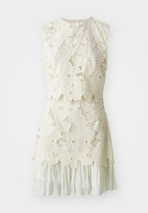 Spitzenkleid mit Blumenmuster in Elfenbein, mit schichtetem Design und einem durchsichtigen, fließenden unteren Teil.