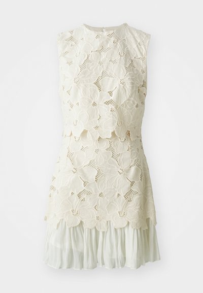 Robe en dentelle avec un motif floral en blanc cassé, dotée d'un design superposé et d'une partie inférieure transparente et fluide.