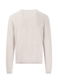 Pulover bej deschis, cu mâneci lungi, guler rotund, textură moale și manșete și tiv cu model în relief. Design simplu, fără modele.