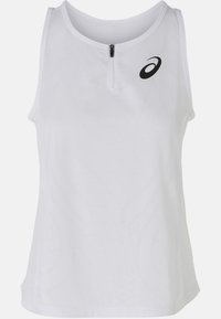 Top atletico bianco senza maniche con una zip a un quarto, tessuto testurizzato, motivo geometrico sottile e un logo nero sul lato sinistro del petto.