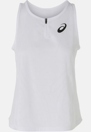 White sleeveless athletic top with a quarter zip, textured fabric, subtle geometric pattern, and a black logo on the left chest.