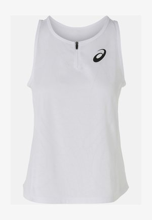 Biała bezrękawnik sportowy z ćwierć zamkiem, teksturowana tkanina, subtelny geometryczny wzór oraz czarnym logo na lewej piersi.