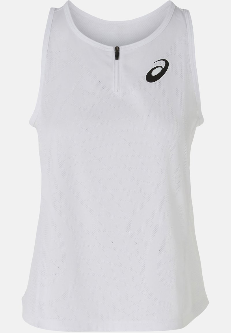 Top atlético sin mangas blanco con media cremallera, tejido texturizado, patrón geométrico sutil y un logo negro en el lado izquierdo del pecho.