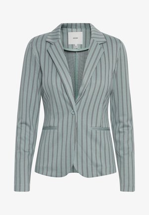 Hellblaues Blazer mit vertikalen schwarzen Streifen, zwei vorderen Taschen, Reverskragen und einer einzelnen Knopfleiste. Der Stoff hat eine glatte Textur.