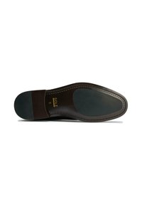 Dark brown leather shoe sole with a smooth finish, rounded toe, and decorative stitching along the edge. Marked with "SOLE 8."