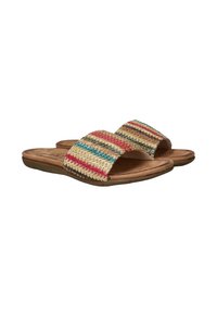 Sandales à glisser tissées avec un motif de rayures multicolores en rouge, turquoise et beige ; semelle intérieure beige et semelle en caoutchouc pour le confort.