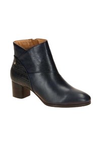 Marineblaue Leder-Stiefelette mit spitzem Zehenbereich, einem strukturierten schwarzen Krokodil-Leder-Muster und einem Holzabsatz. Mit einem Reißverschluss ausgestattet.