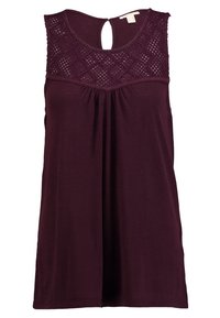 Ärmlös topp i djupt bourgogne med en texterad spetskorsett, detaljer med nyckelhål bak och en flödande silhuett, tillverkad av mjukt, lätt material.