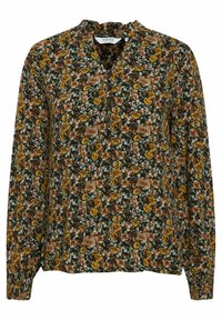 Langärmlige Bluse in Dunkelgrün mit floralem Muster, das gelbe, braune und blaue Blumen zeigt. Rüschenhals und Knopfdetails.