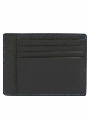 Black leather cardholder with blue stitching, featuring multiple slots for cards and a smooth texture on the surface.