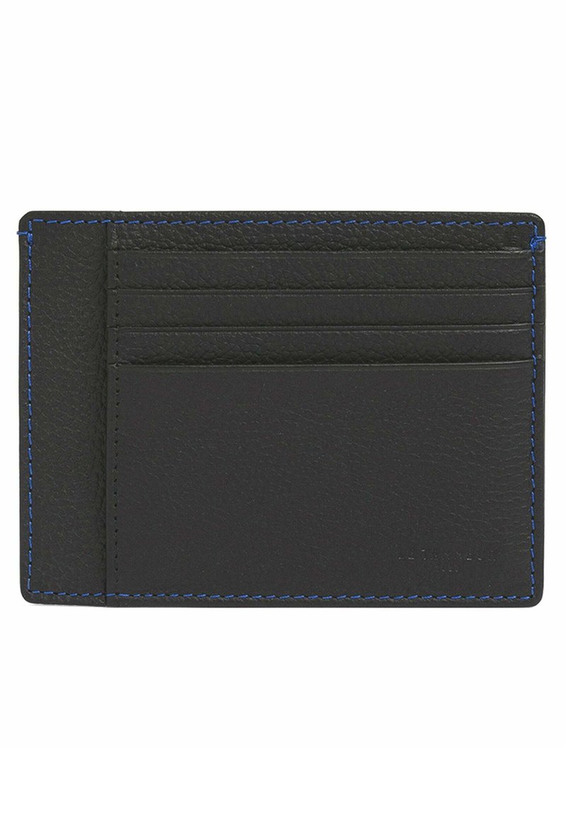 Portafoglio in pelle nera con cuciture blu, dotato di più scomparti per carte e una superficie liscia.
