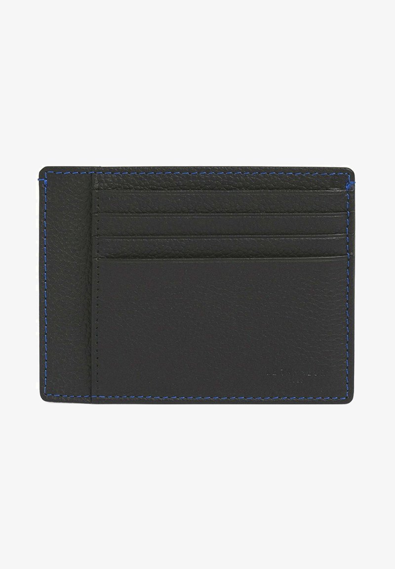 Portafoglio in pelle nera con cuciture blu, dotato di più scomparti per carte e una superficie liscia.