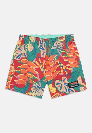 Shorts de bain à motifs floraux vifs avec des feuilles et des fleurs orange, vertes et rouges, dotés d'une ceinture élastique et d'un écusson logo Patagonia.