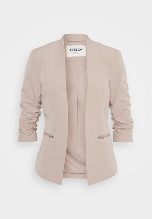 Beige blazer med rett kutt, rynkede ermer og to sidelommer med glidelås. Laget av et glatt stoff med minimalistisk design.
