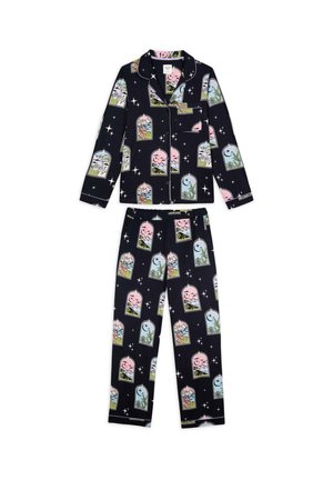 Navy pajama set in soft fabric, featuring colorful nature scenes in glass domes. Includes long-sleeve top with pocket and matching pants.