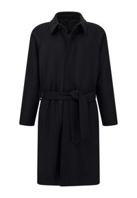 Melna jaka ar jostu viduklim, izgatavota no mīksta auduma, ar apkakli, garām piedurknēm un pogu aizdari. Minimālistisks dizains.